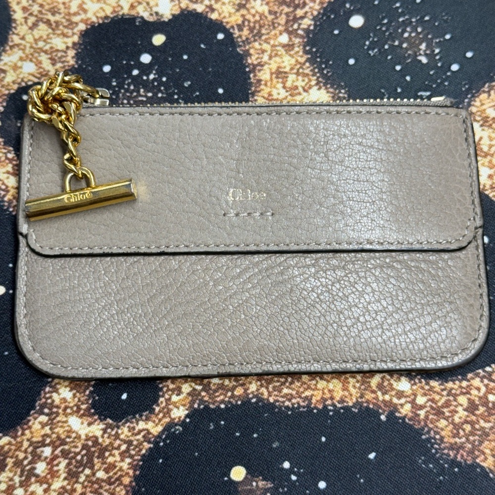 Chloe Beige Leather Card Holder with Gold Chain